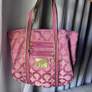 VTG Coach Pink Poppy Signature C Glam Tote Metallic Gold Trim Handbag Y2K